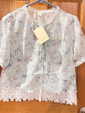 Delicate Floral Lace-Trim Women's Blouse - Light Blue  (see measurements )